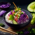 Organic food: tuna poke bowl with rice, fresh cucumbers, red cabbage and avocado close-up. Generative. AI.