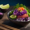 Organic food: tuna poke bowl with rice, fresh cucumbers, red cabbage and avocado close-up. Generative. AI.