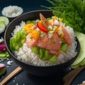 Organic food: tuna poke bowl with rice, fresh cucumbers, red cabbage and avocado close-up. Generative. AI.