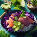 Organic food: tuna poke bowl with rice, fresh cucumbers, red cabbage and avocado close-up. Generative. AI.