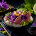 Organic food: tuna poke bowl with rice, fresh cucumbers, red cabbage and avocado close-up. Generative. AI.