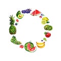 Organic food - wreath of fruits. Watercolor harvest frame isolated on white background.