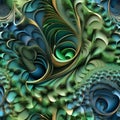 Organic fractal pattern, swirling green and blue shapes, abstract nature concept, 3D rendering2