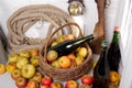 Organic fresh apples with bottle of Normandy cider