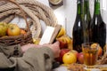 Organic fresh apples with bottle of Normandy cider