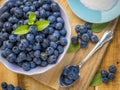 Organic fresh blueberries in bowl with mint leaves and sugar on a wooden table.