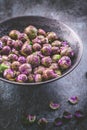 Organic Fresh Purple Brussels sprouts in bowl Royalty Free Stock Photo