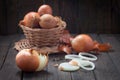 Organic, fresh red onions in wicker basket Royalty Free Stock Photo
