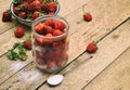 Organic fresh strawberry from garden. Preparation for making berry compote or jam. Homemade conservation for the winter. Raw food. Royalty Free Stock Photo