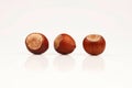 Organic and fresh three hazelnuts next to each other on white background Royalty Free Stock Photo