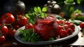 Organic Fresh Tomato Paste with Tomatoes and Leaves on Bowl Background Defocused