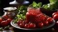 Organic Fresh Tomato Paste with Tomatoes and Leaves on Bowl Background Defocused