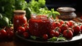 Organic Fresh Tomato Paste with Tomatoes and Leaves on Bowl Background Defocused