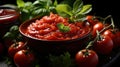 Organic Fresh Tomato Paste with Tomatoes and Leaves on Bowl Background Defocused