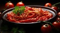 Organic Fresh Tomato Paste with Tomatoes and Leaves on Bowl Background Defocused