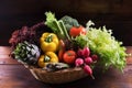 Organic fresh vegetables in basket on dark wooden background, healthy food and clean eating concept