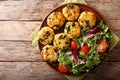 Organic fried meatballs with spinach and vegetable salad close-up. horizontal top view Royalty Free Stock Photo