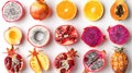 Organic Fruit Collection: Pomegranate, Pineapple & Dragon Fruit Slices with Shadows for Online Menu & Shopping Lists