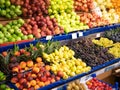 Organic fruit counters at green food store market