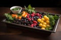 organic fruit tray with mixed berries and greens Royalty Free Stock Photo