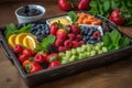 organic fruit tray with mixed berries and greens Royalty Free Stock Photo