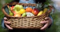 Organic fruit and vegetable - in hands of an old woman, basket is full of healthy food