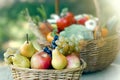 Fresh and healthy food in wicker basket - organic fruit and vegetable Royalty Free Stock Photo