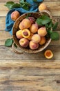 Organic fruits. Fall harvest background. Basket of ripe peaches on a rustic wooden table. View from above. Copy Royalty Free Stock Photo