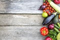 Organic fruits and vegetables on rustic wooden background, top v Royalty Free Stock Photo