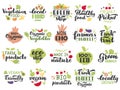 Organic fruits and veggies labels. Vegetarian fruits, vegetables lettering badges, fresh eco market vegan menu stamp