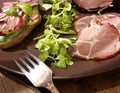 Organic gammon ham with sandwich and salad on plate Royalty Free Stock Photo