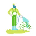 Organic Gardening Hobby or Seasonal Work Concept. Gardener or Farmer Male Character Working in Garden Watering