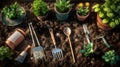 Organic gardening tool set on soil background Royalty Free Stock Photo
