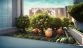 Organic gardens installed on the roofs of buildings. Urban orchards on the terrace of high-rise building. Sustainable economy.