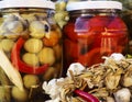 Organic garlic,peppers,pickle jars Royalty Free Stock Photo