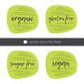 Organic, Gluten free, Sugar free, Vegan icon set. Vector sign isolated. Green illustration symbol for food, product sticker, logo Royalty Free Stock Photo