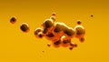 Organic gold colored fluid metaball liquid drops floating in mid-air, abstract modern design element or background on yellow