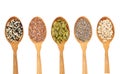 Organic grains seeds in wooden spoon,.Chia seed, Sesame,Flax isolated on white background Royalty Free Stock Photo