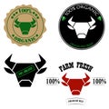 100% organic, grass fed, fresh farm, premium beef logos or labels with bull or cow head. Vector illustration