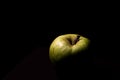 Organic green apple close up, low key dark photography, empty space for text