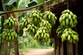 Organic green bananas in a large cluster, waiting to ripen under the sunlight