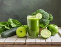 Organic green juice from vegetables and fruits, vegan, healthy drink with vitamins