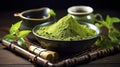 Organic Green Matcha Tea ceremony. Matcha powder. Cooking with matcha, recipe. Generative AI