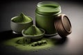 Organic green matcha tea powder in a bowl and green matcha powder in a jar