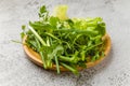 Organic green onions, chives, lettuce and parsley on stone table Royalty Free Stock Photo