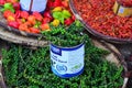 Organic green pepper on a market table in Madagascar, colorful image of spices and vegetables in Africa