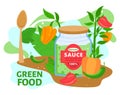 Organic green sauce in jar vector illustration, cartoon flat vegetarian cuisine food product, preserved sauce from ripe