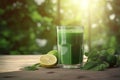 Organic green spinach smoothie glass on wooden table. Generate ai