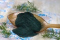 Organic green spirulina powder top view on wooden spoon background. Super foods,
