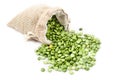 Organic green split peas filling in sack bag